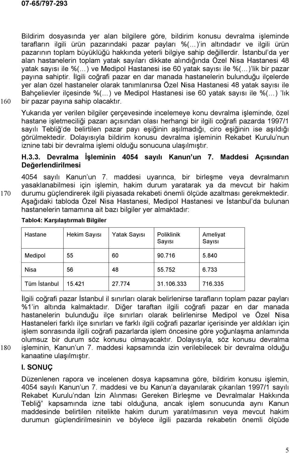 İstanbul da yer alan hastanelerin toplam yatak sayıları dikkate alındığında Özel Nisa Hastanesi 48 yatak sayısı ile %( ) ve Medipol Hastanesi ise 60 yatak sayısı ile %( ) lik bir pazar payına