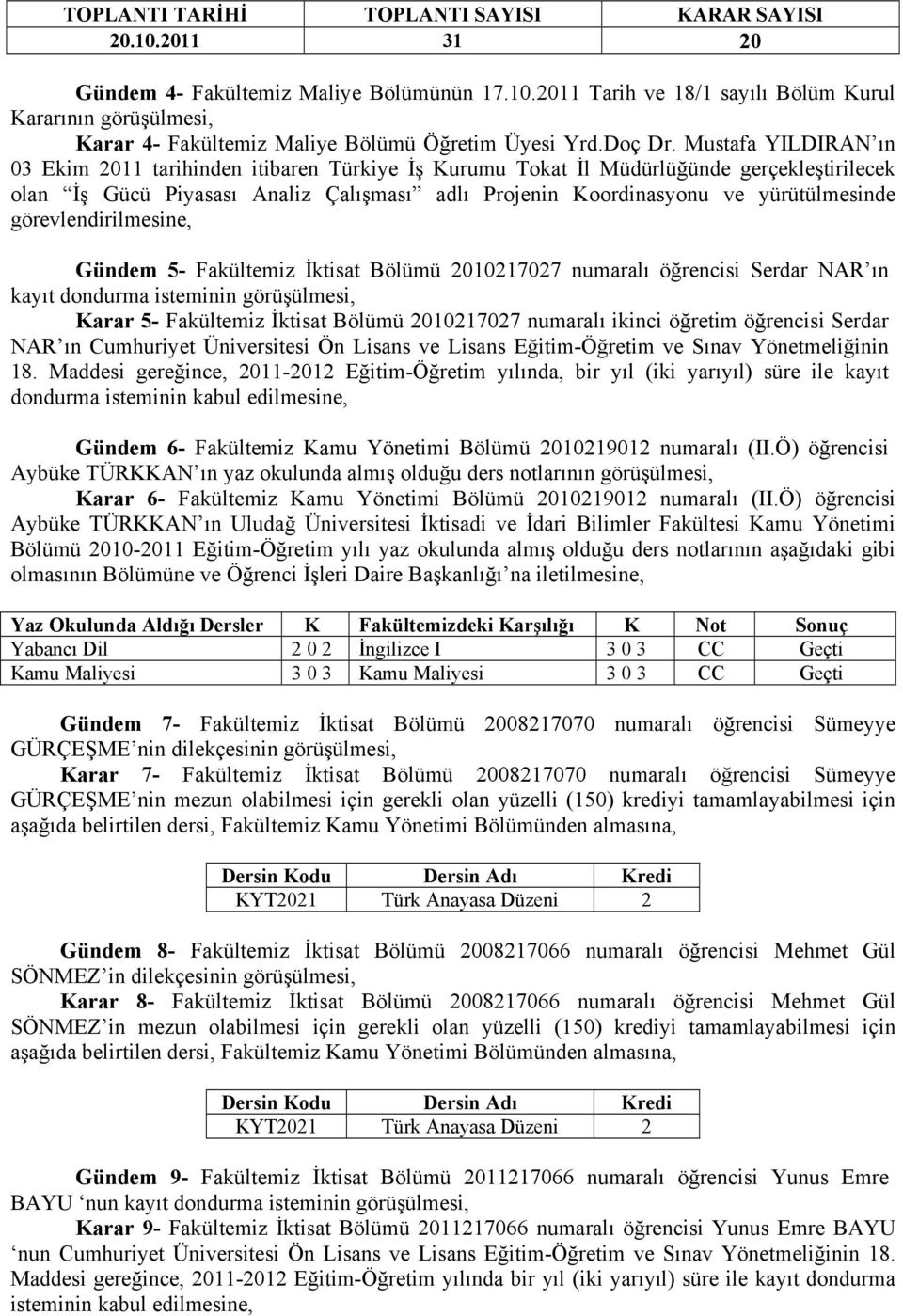 görevlendirilmesine, Gündem 5- Fakültemiz İktisat Bölümü 2010217027 numaralı öğrencisi Serdar NAR ın kayıt dondurma isteminin görüşülmesi, Karar 5- Fakültemiz İktisat Bölümü 2010217027 numaralı