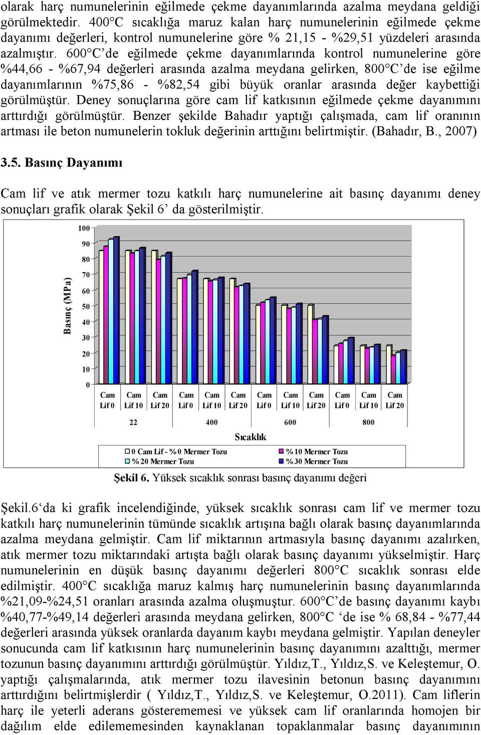 600 C de eğilmede çekme dayanımlarında kontrol numunelerine göre %44,66 - %67,94 değerleri arasında azalma meydana gelirken, 800 C de ise eğilme dayanımlarının %75,86 - %82,54 gibi büyük oranlar