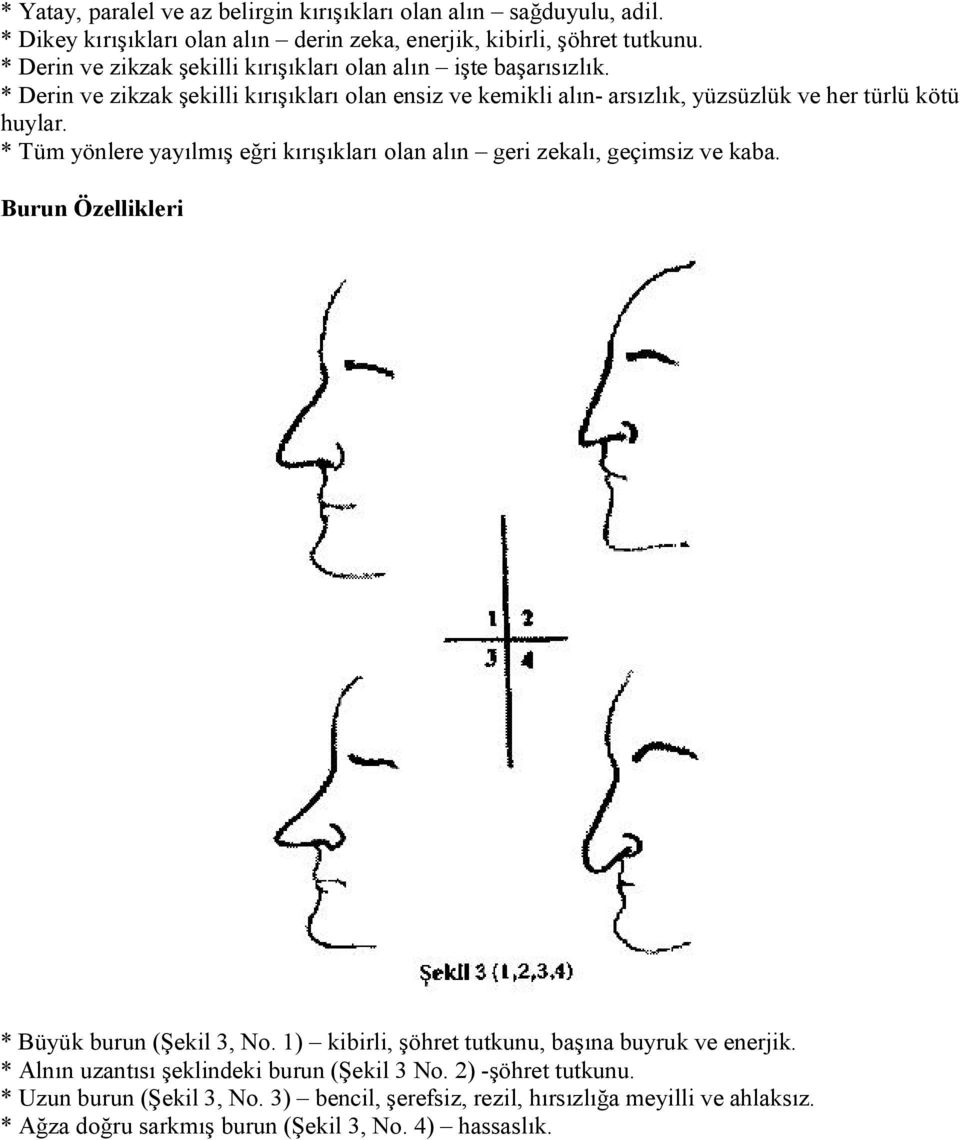 * Tüm yönlere yayılmış eğri kırışıkları olan alın geri zekalı, geçimsiz ve kaba. Burun Özellikleri * Büyük burun (Şekil 3, No.