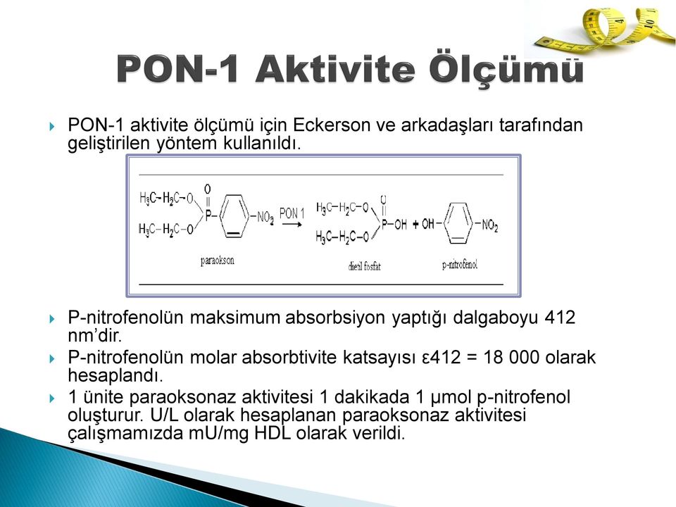 P-nitrofenolün molar absorbtivite katsayısı ε412 = 18 000 olarak hesaplandı.