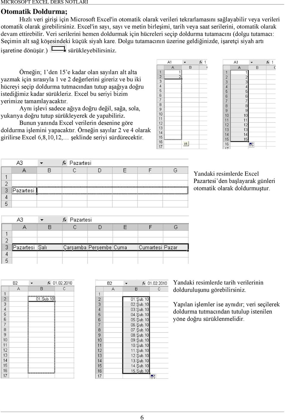 Veri serilerini hemen doldurmak için hücreleri seçip doldurma tutamacını (dolgu tutamacı: Seçimin alt sağ köşesindeki küçük siyah kare.