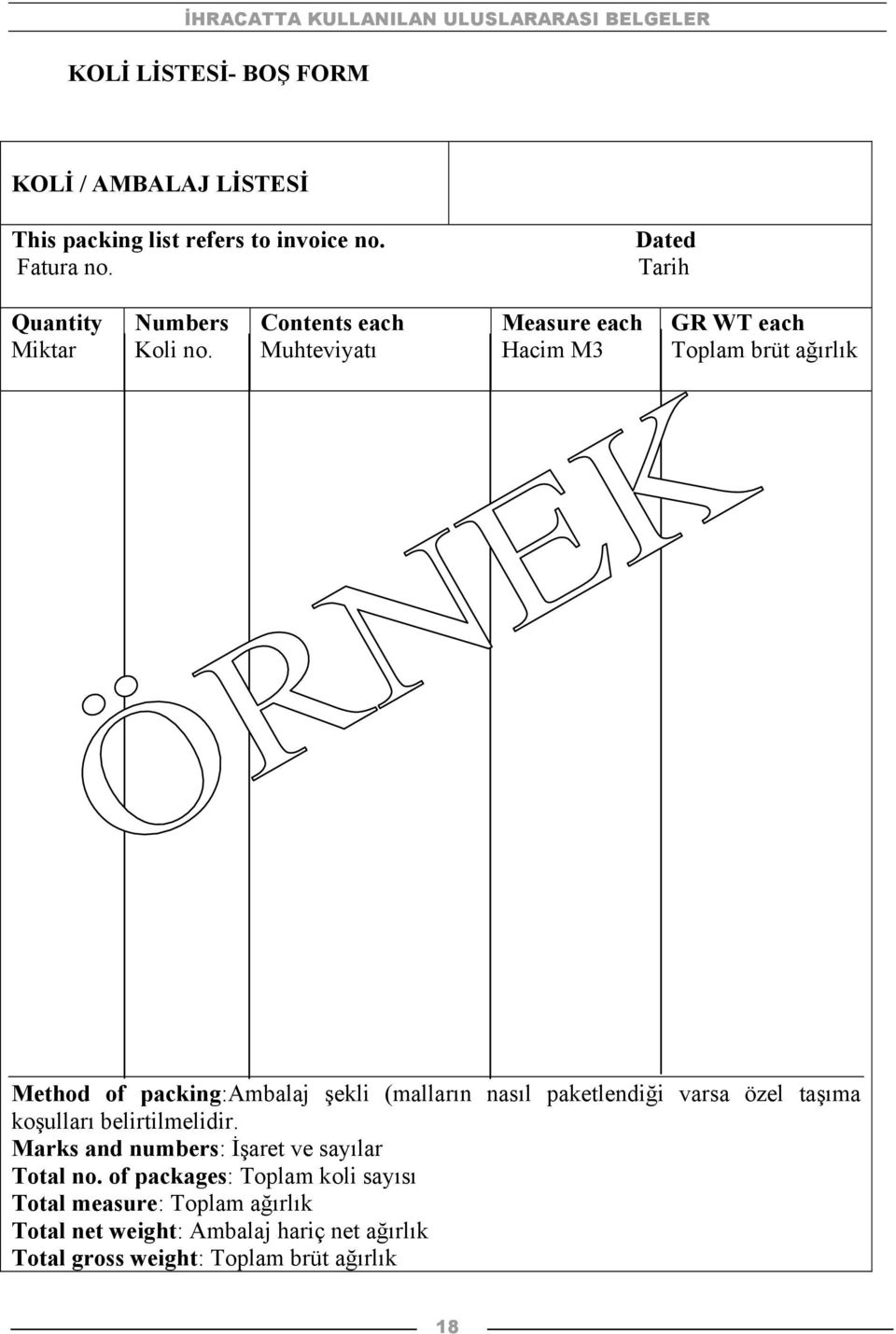 Contents each Muhteviyatı Measure each Hacim M3 GR WT each Toplam brüt ağırlık Method of packing:ambalaj şekli (malların nasıl