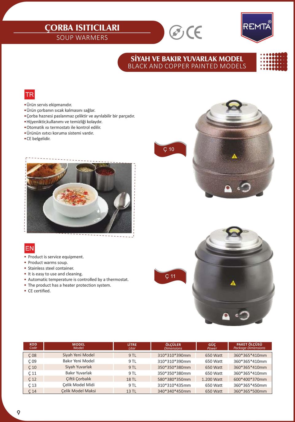 Ç 10 Product is service equipment. Product warms soup. Stainless steel container. It is easy to use and cleaning. Automatic temperature is controlled by a thermostat.