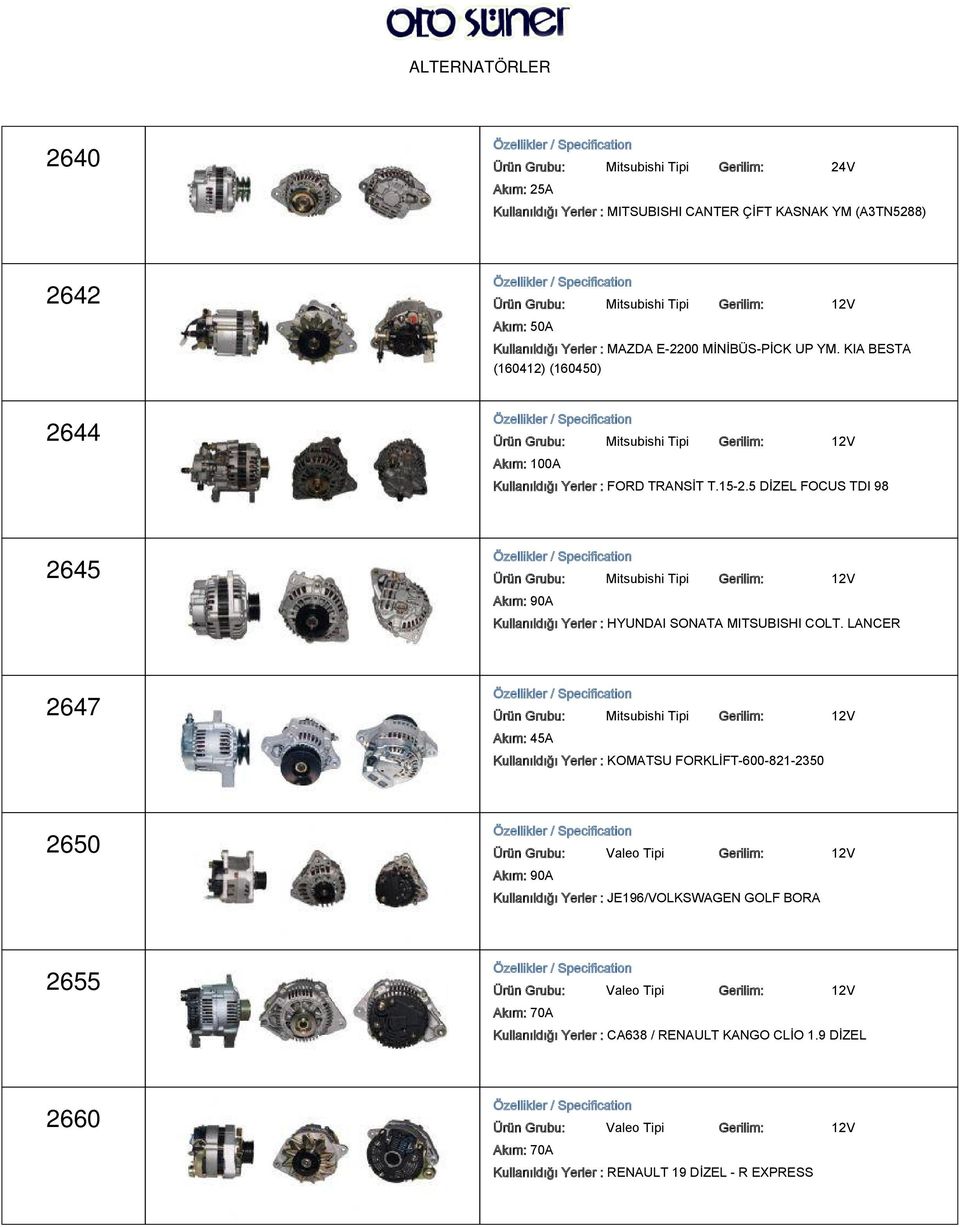 5 DİZEL FOCUS TDI 98 2645 Kullanıldığı Yerler : HYUNDAI SONATA MITSUBISHI COLT.