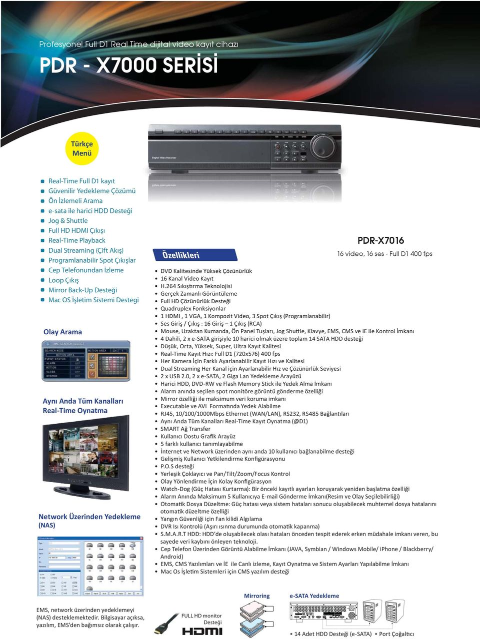 Arama Aynı Anda Tüm Kanalları Real-Time Oynatma Network Üzerinden Yedekleme (NAS) PDR-X7016 16 video, 16 ses - Full D1 400 fps DVD Kalitesinde Yüksek Çözünürlük 16 Kanal Video Kayıt Sıkıştırma
