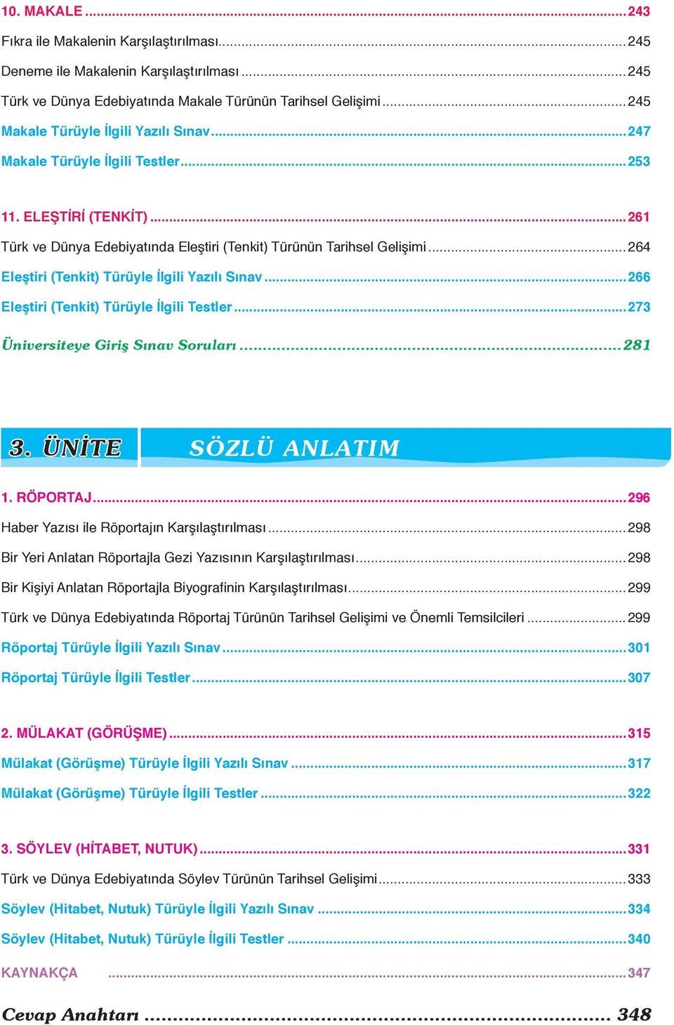 ..264 Eleştiri (Tenkit) Türüyle İlgili Yazılı Sınav...266 Eleştiri (Tenkit) Türüyle İlgili Testler...273 Üniversiteye Giriş Sınav Soruları...281 3. ÜNİTE SÖZLÜ ANLATIM 1. RÖPORTAJ.