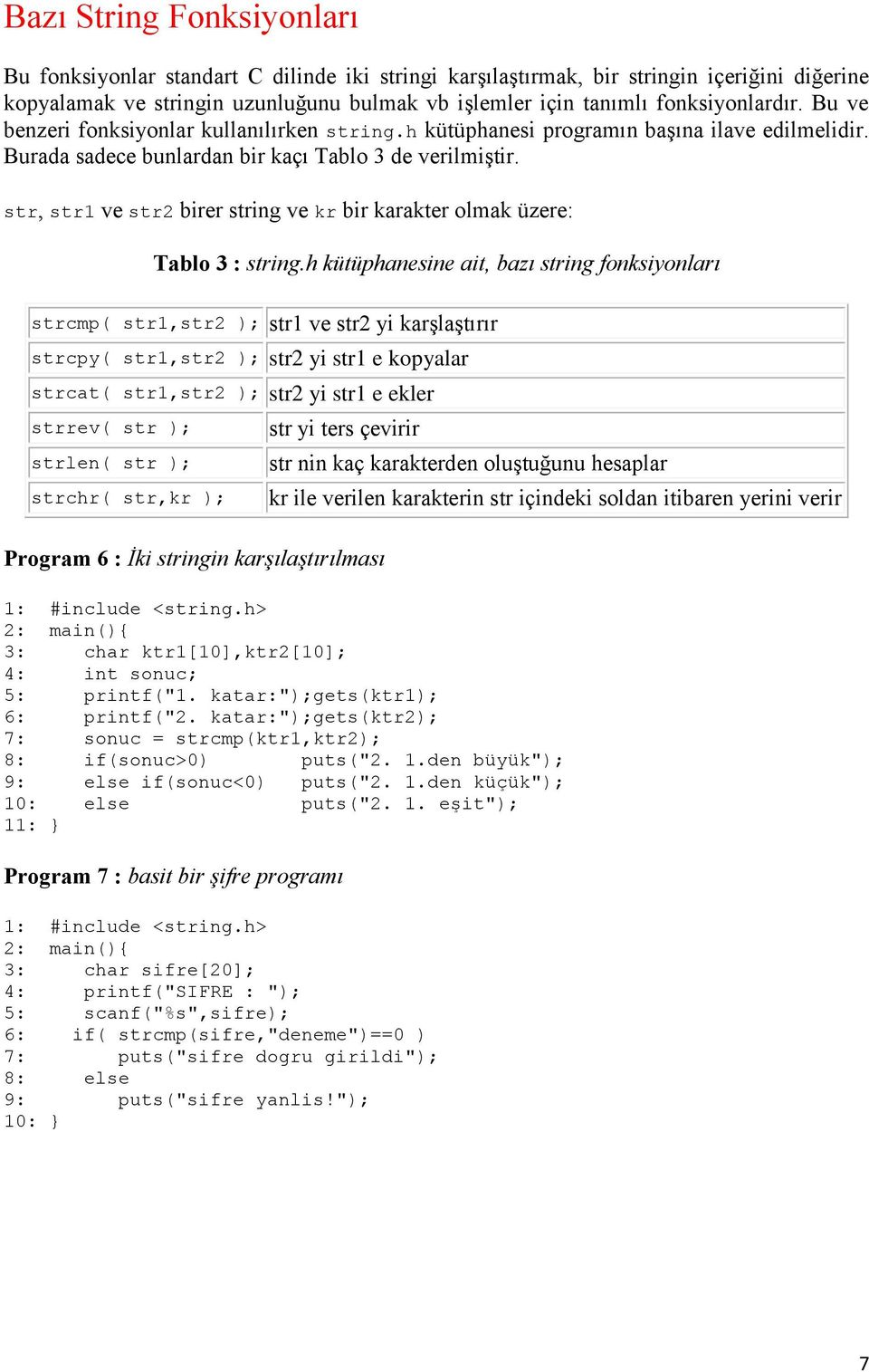 str, str1 ve str2 birer string ve kr bir karakter olmak üzere: Tablo 3 : string.