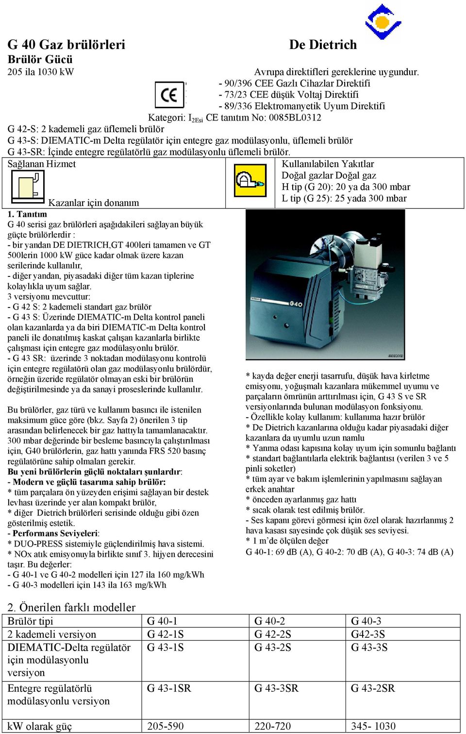 43-S: DIEMATIC-m Delta regülatör için entegre gaz modülasyonlu, üflemeli brülör G 43-SR: İçinde entegre regülatörlü gaz modülasyonlu üflemeli brülör. Sağlanan Hizmet Kazanlar için donanım 1.