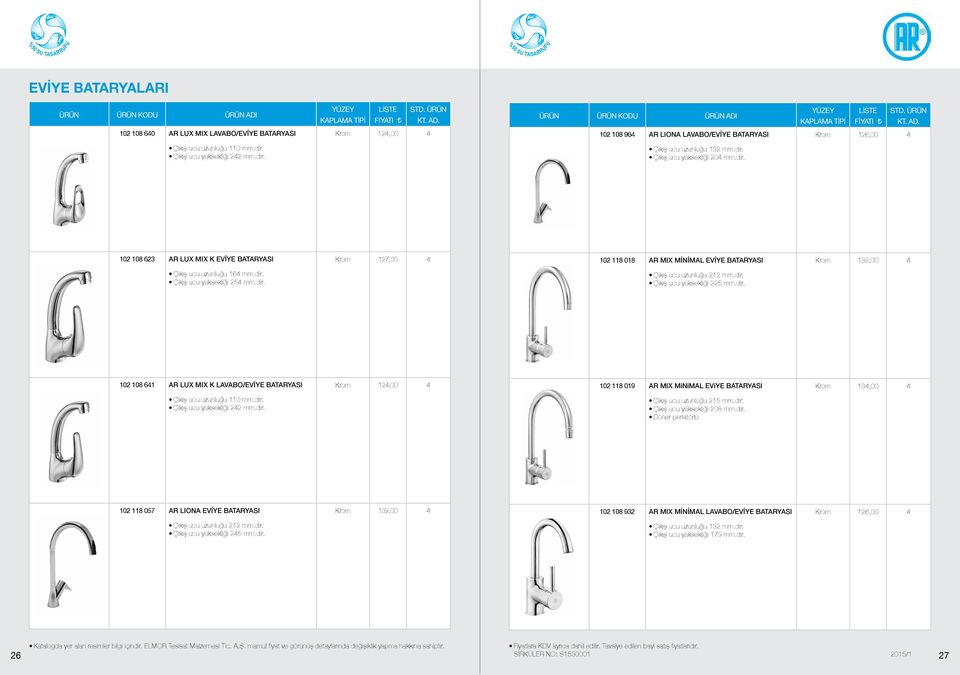 dir. Çıkış ucu uzunluğu 212 mm.dir. Çıkış ucu yüksekliği 225 mm.dir. 102 108 641 AR LUX MIX K LAVABO/EVİYE BATARYASI 124,00 4 102 118 019 AR MIX MiNiMAL EViYE BATARYASI 134,00 4 Çıkış ucu uzunluğu 110 mm.