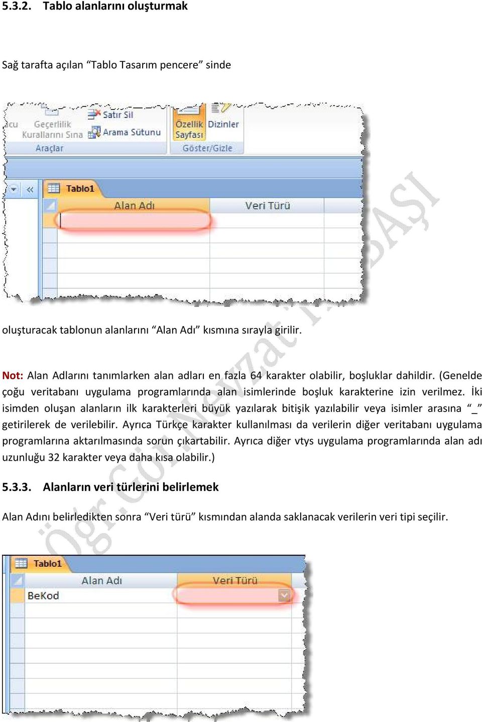 İki isimden oluşan alanların ilk karakterleri büyük yazılarak bitişik yazılabilir veya isimler arasına _ getirilerek de verilebilir.