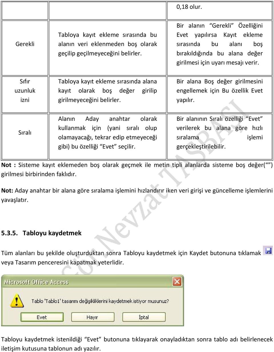 Sıfır uzunluk izni Tabloya kayıt ekleme sırasında alana kayıt olarak boş değer girilip girilmeyeceğini belirler. Bir alana Boş değer girilmesini engellemek için Bu özellik Evet yapılır.