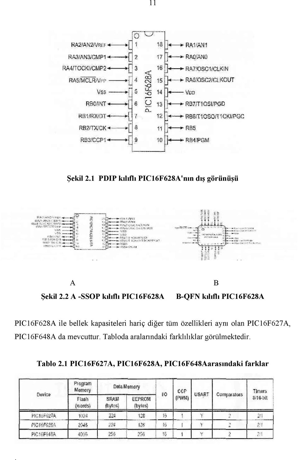 kapasiteleri hariç diğer tüm özellikleri aynı olan PIC16F627A, PIC16F648A da