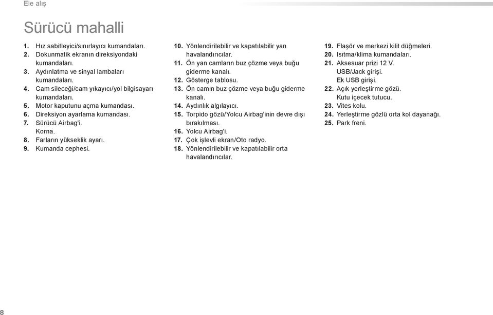 10. Yönlendirilebilir ve kapatılabilir yan havalandırıcılar. 11. Ön yan camların buz çözme veya buğu giderme kanalı. 12. Gösterge tablosu. 13. Ön camın buz çözme veya buğu giderme kanalı. 14.