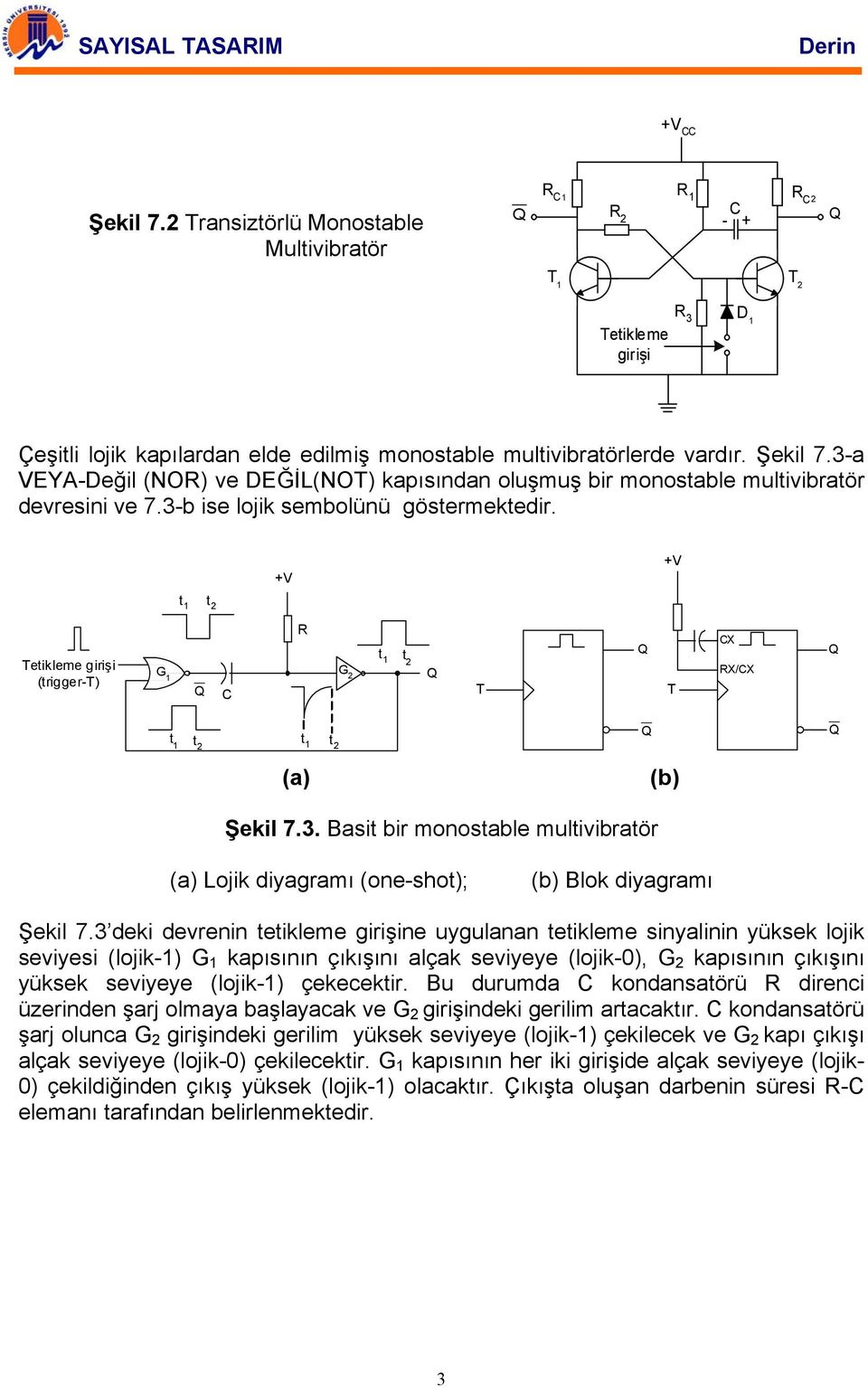 3 deki devrenin tetikleme girişine uygulanan tetikleme sinyalinin yüksek lojik seviyesi (lojik-) G kapısının çıkışını alçak seviyeye (lojik-0), G 2 kapısının çıkışını yüksek seviyeye (lojik-)