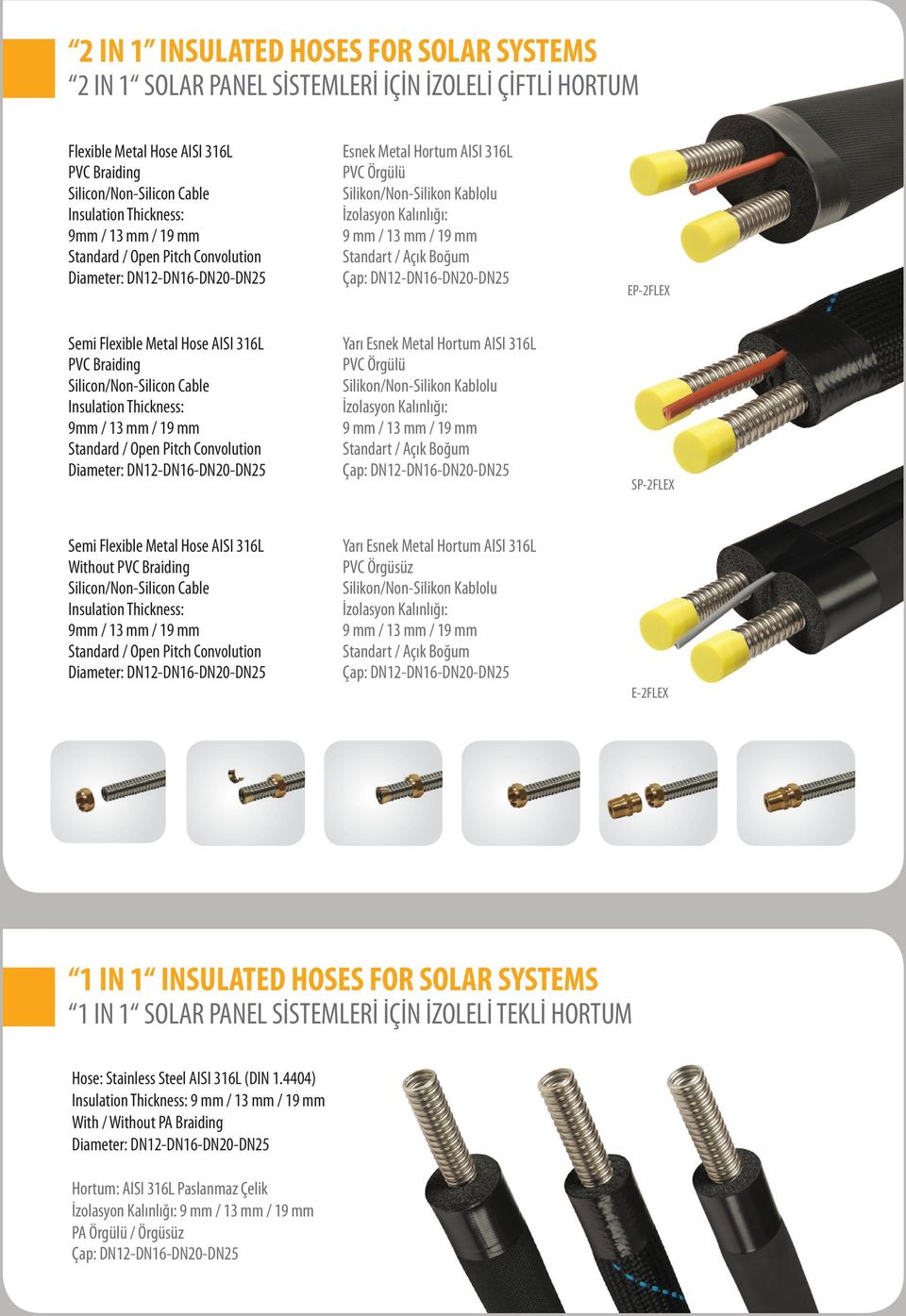 Metal Hose AISI 316L PVC Braiding Silicon/Non-Silicon Cable Insulation Thickness: 9mm / 13 mm / 19 mm Standard / Open Pitch Convolution Yarı Esnek Metal Hortum AISI 316L PVC Örgülü