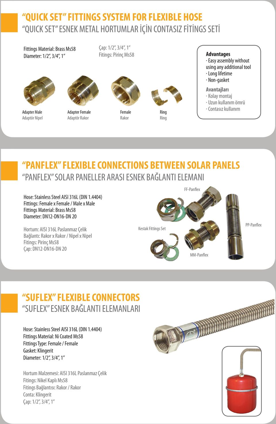 kullanım ömrü Contasız kullanım PANFLEX FLEXIBLE CONNECTIONS BETWEEN SOLAR PANELS PANFLEX SOLAR PANELLER ARASI ESNEK BAĞLANTI ELEMANI Fittings: Female x Female / Male x Male Fittings Material: Brass