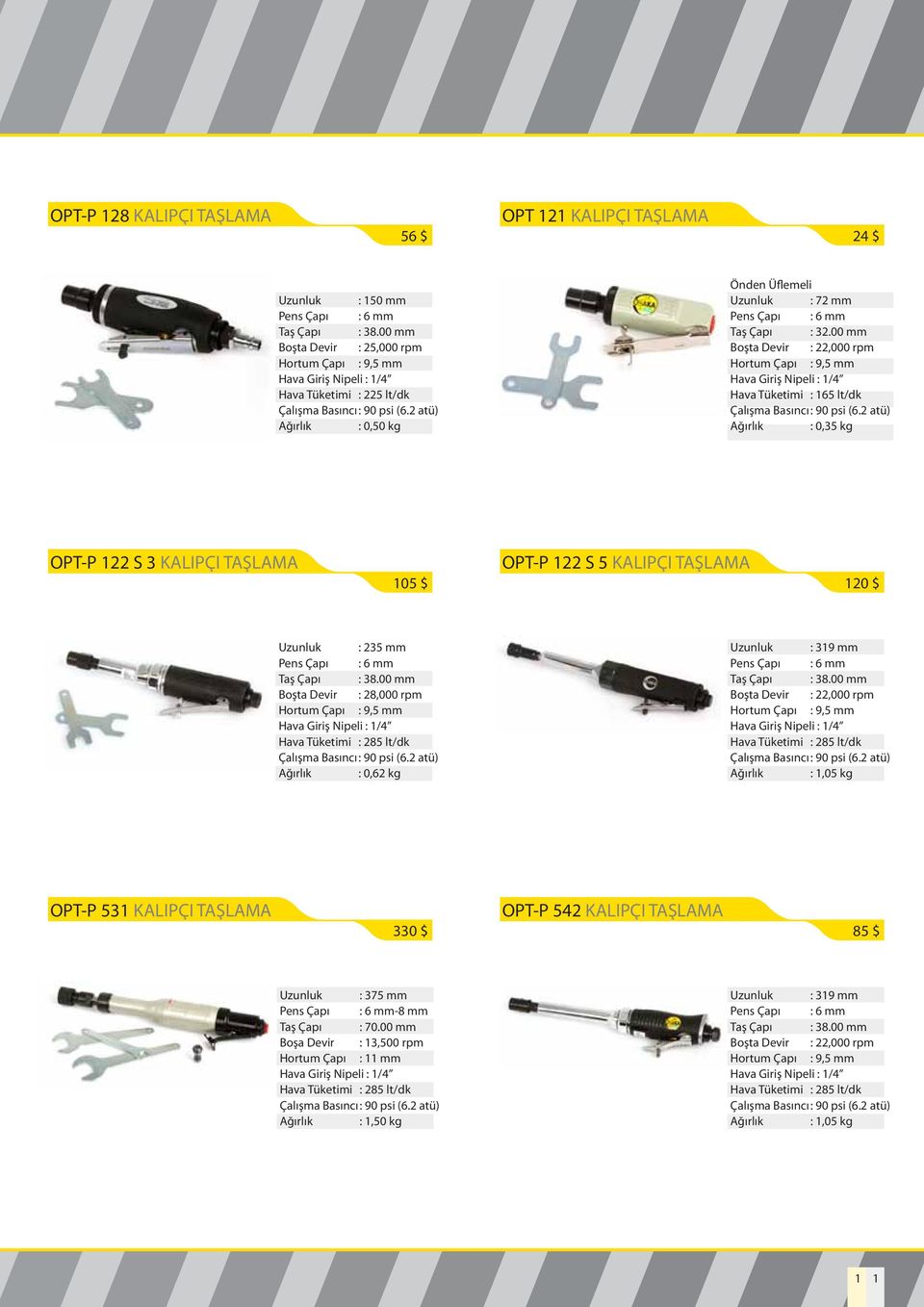 00 mm Boşta Devir : 22,000 rpm Hava Tüketimi : 165 lt/dk Ağırlık : 0,35 kg OPT-P 122 S 3 KALIPÇI TAŞLAMA 105 $ OPT-P 122 S 5 KALIPÇI TAŞLAMA 120 $ Uzunluk : 235 mm Pens Çapı : 6 mm Taş Çapı : 38.