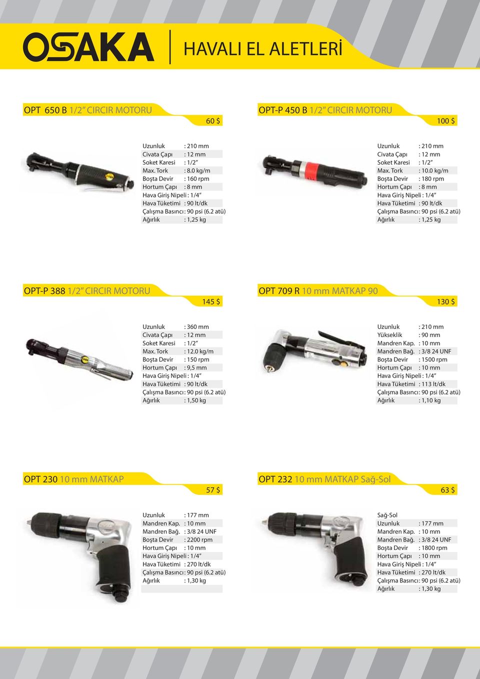 0 kg/m Boşta Devir : 180 rpm Hortum Çapı : 8 mm Hava Tüketimi : 90 lt/dk Ağırlık : 1,25 kg OPT-P 388 1/2 CIRCIR MOTORU 145 $ OPT 709 R 10 mm MATKAP 90 130 $ Uzunluk : 360 mm Civata Çapı : 12 mm Soket