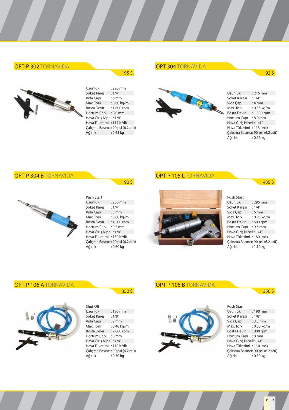 Tork : 0,35 kg/m Boşta Devir : 1,500 rpm Hortum Çapı : 8,0 mm Hava Tüketimi : 113 lt/dk Ağırlık : 0,66 kg OPT-P 304 B TORNAVİDA 190 $ OPT-P 105 L TORNAVİDA 435 $ Push Start Uzunluk : 230 mm Soket