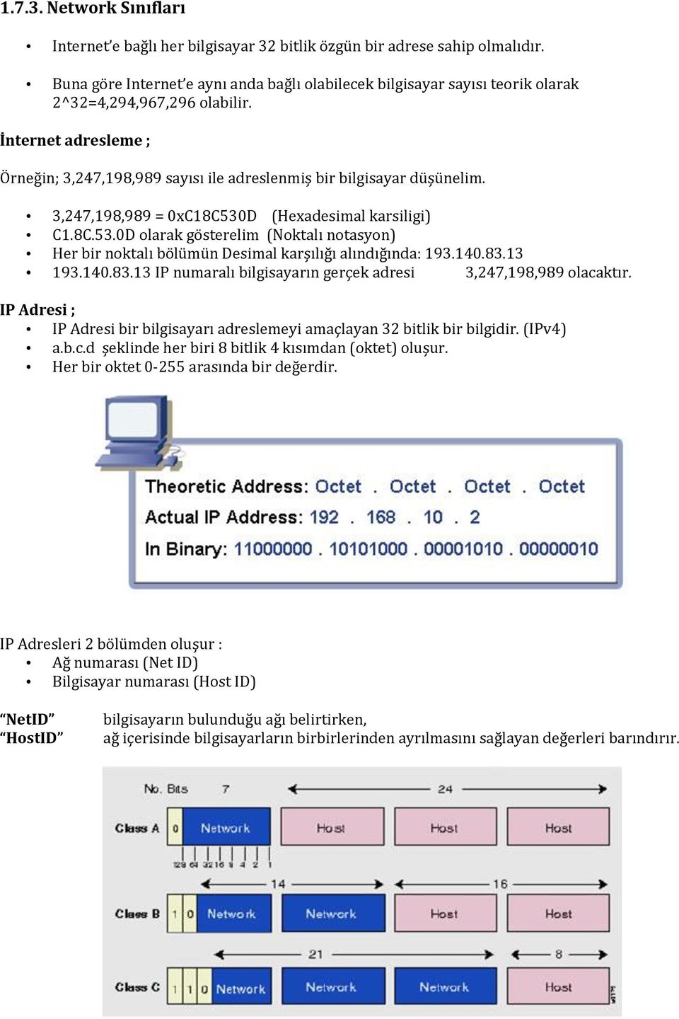 İnternet adresleme ; Örneğin; 3,247,198,989 sayısı ile adreslenmiş bir bilgisayar düşünelim. 3,247,198,989 = 0xC18C530