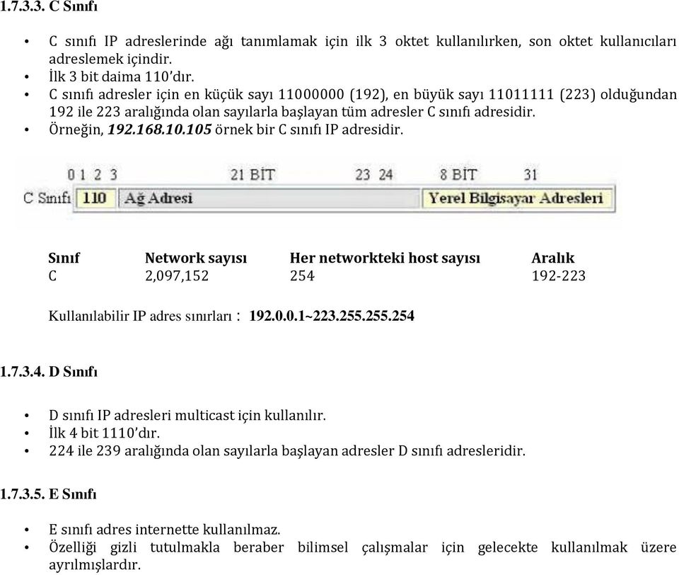 Sınıf Network sayısı Her networkteki host sayısı Aralık C 2,097,152 254 192-223 Kullanılabilir IP adres sınırları : 192.0.0.1~223.255.255.254 1.7.3.4. D Sınıfı D sınıfı IP adresleri multicast için kullanılır.