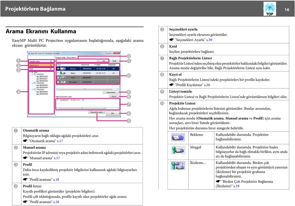 17 Profil Dh önce kydedilmiş projektör bilgilerini kullnrk ğdki bilgisyrlrı rr. s "Profil rmsı" s.18 Profil listesi Kyıtlı profilleri görüntüler (projektör bilgileri).