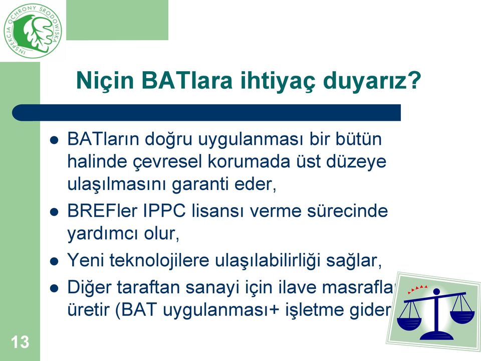 ulaşılmasını garanti eder, BREFler IPPC lisansı verme sürecinde yardımcı olur,