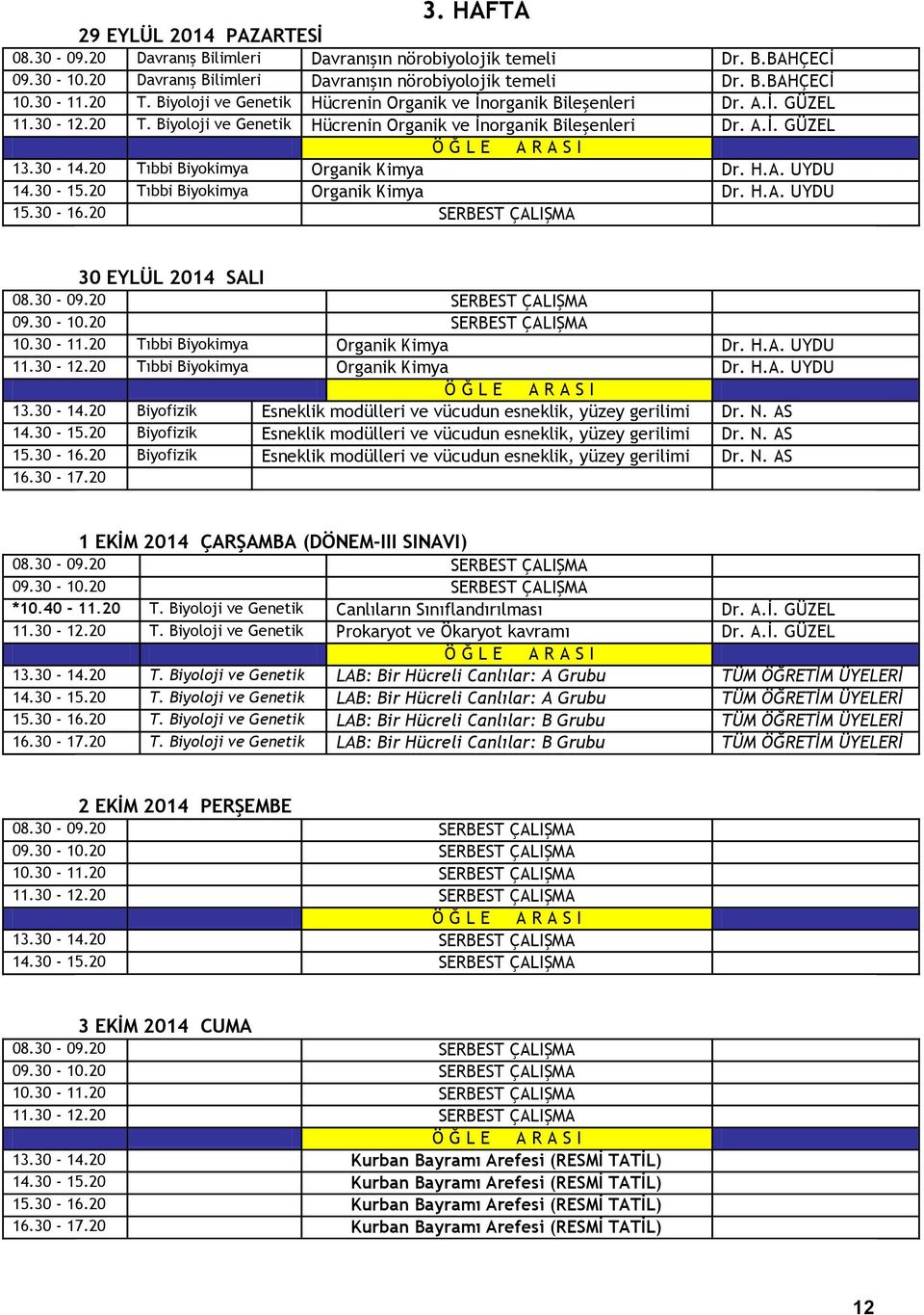 20 Tıbbi Biyokimya Organik Kimya Dr. H.A. UYDU 14.30-15.20 Tıbbi Biyokimya Organik Kimya Dr. H.A. UYDU 30 EYLÜL 2014 SALI 10.30-11.20 Tıbbi Biyokimya Organik Kimya Dr. H.A. UYDU 11.30-12.