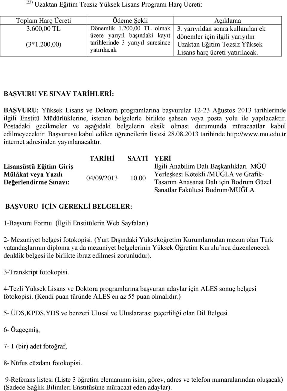 BAŞVURU VE SINAV TARİHLERİ: BAŞVURU: Yüksek Lisans ve Doktora programlarına başvurular 12-23 Ağustos 2013 tarihlerinde ilgili Enstitü Müdürlüklerine, istenen belgelerle birlikte şahsen veya posta