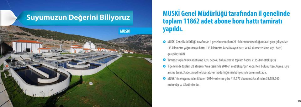 suyu hattı) gerçekleştirildi. İlimizde toplam 849 adet içme suyu deposu bulunuyor ve toplam hacmi 213558 metreküptür.