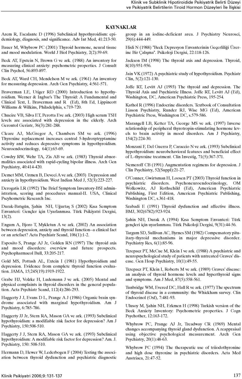 Beck AT, Epstein N, Brown G ve ark. (1988) An inventory for measuring clinical anxiety: psychometric properties. J Consult Clin Psychol, 56:893-897. Beck AT, Ward CH, Mendelson M ve ark.