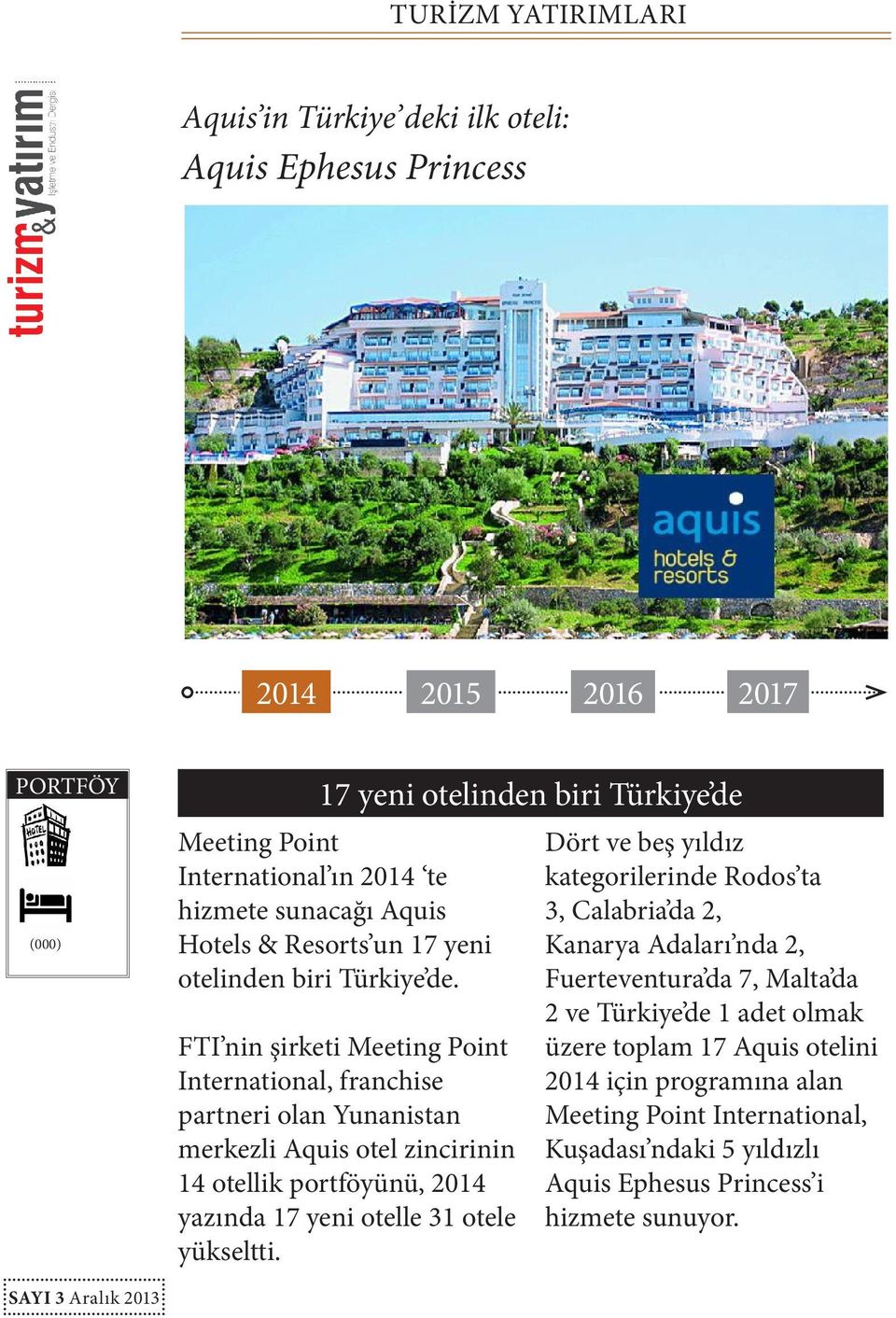 FTI nin şirketi Meeting Point International, franchise partneri olan Yunanistan merkezli Aquis otel zincirinin 14 otellik portföyünü, yazında 17 yeni otelle 31 otele