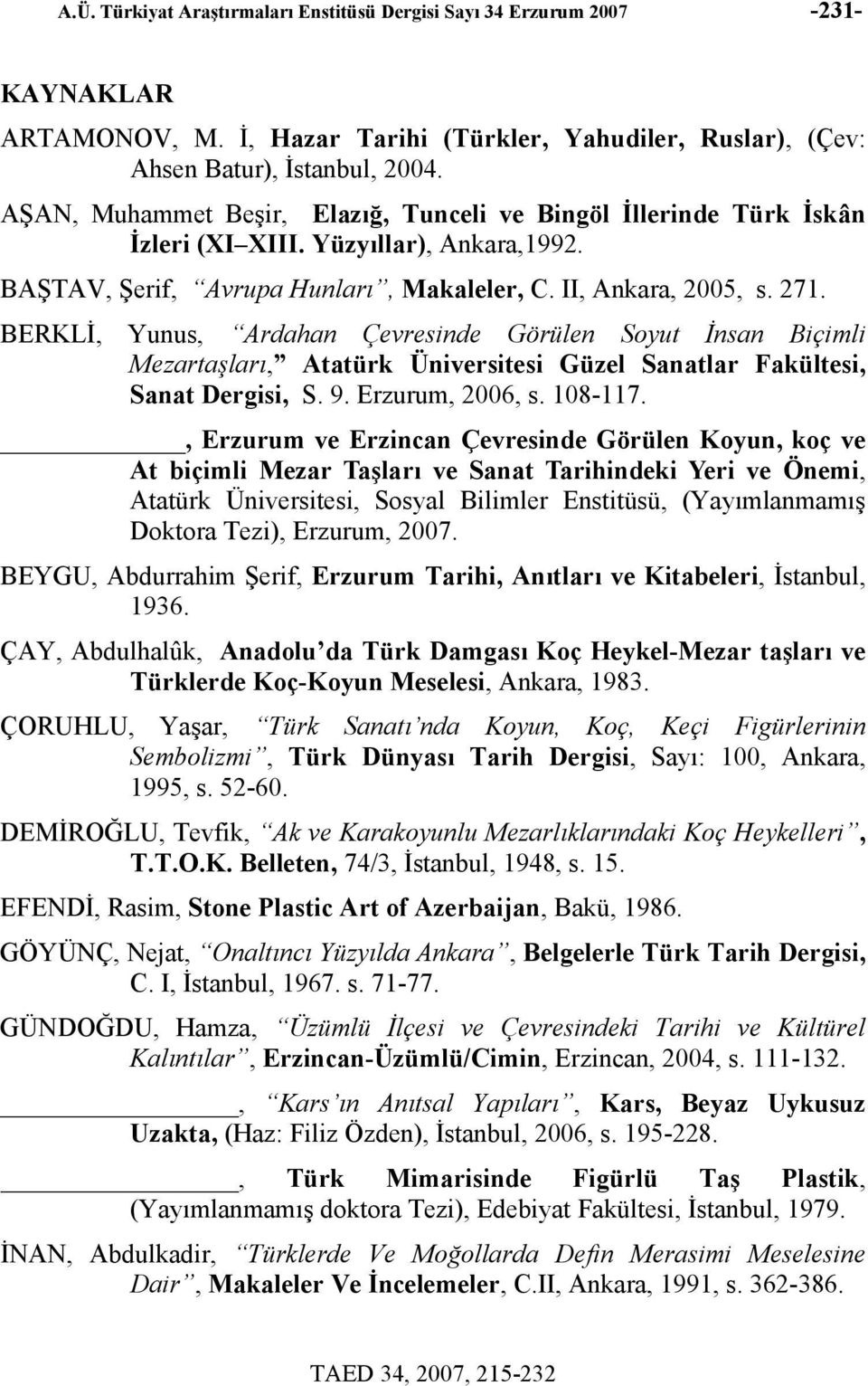 BERKLİ, Yunus, Ardahan Çevresinde Görülen Soyut İnsan Biçimli Mezartaşları, Atatürk Üniversitesi Güzel Sanatlar Fakültesi, Sanat Dergisi, S. 9. Erzurum, 2006, s. 108-117.