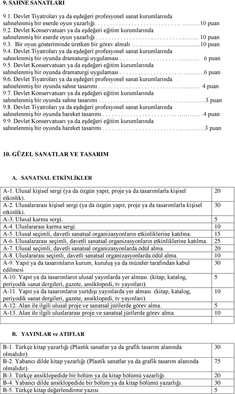 Devlet Tiyatroları ya da eşdeğeri profesyonel sanat kurumlarında sahnelenmiş bir oyunda dramaturgi uygulaması..................... 6 puan 9.5.