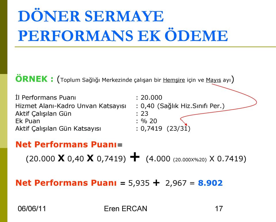 ) Aktif Çalışılan Gün : 23 Ek Puan : % 20 Aktif Çalışılan Gün Katsayısı : 0,7419 (23/31) Net Performans