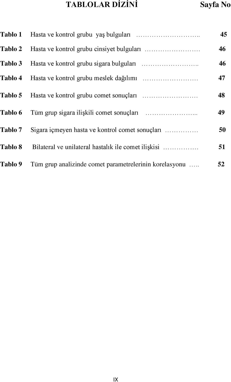 47 Tablo 5 Hasta ve kontrol grubu comet sonuçları. 48 Tablo 6 Tüm grup sigara ilişkili comet sonuçları.