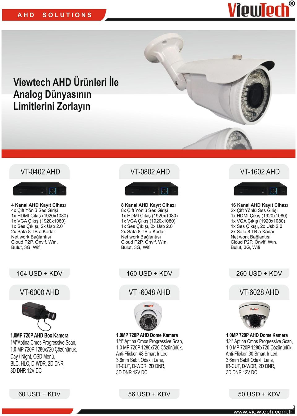 USD + KDV 260 USD + KDV VT-6000 AHD VT -6048 AHD VT-6028 AHD 1.0MP 720P AHD Dome Kamera Anti-Flicker, 48 Smart Ir Led, 3D DNR 12V DC 1.