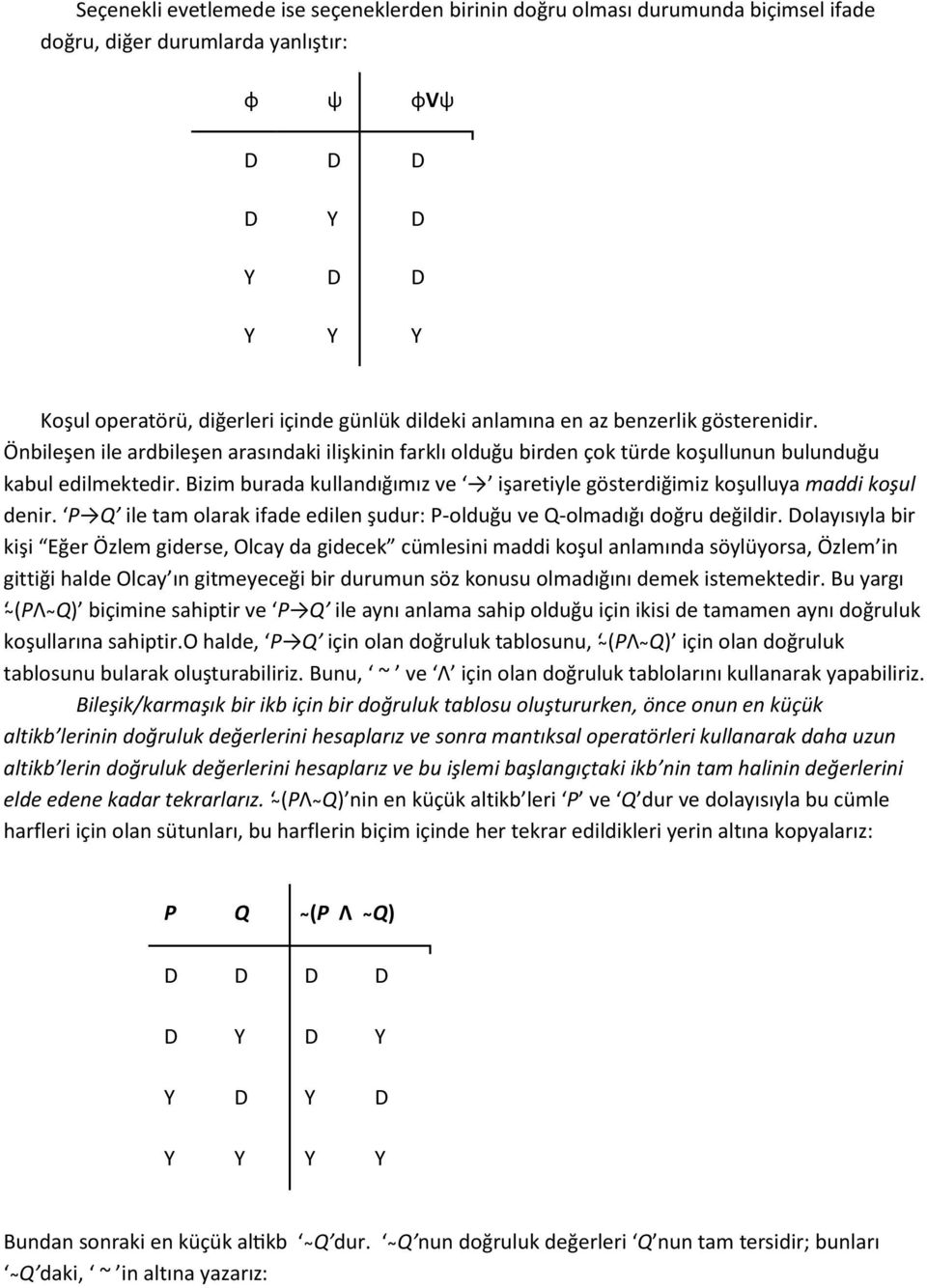 Bizim burada kullandığımız ve işaretiyle gösterdiğimiz koşulluya maddi koşul denir. P Q ile tam olarak ifade edilen şudur: P-olduğu ve Q-olmadığı doğru değildir.