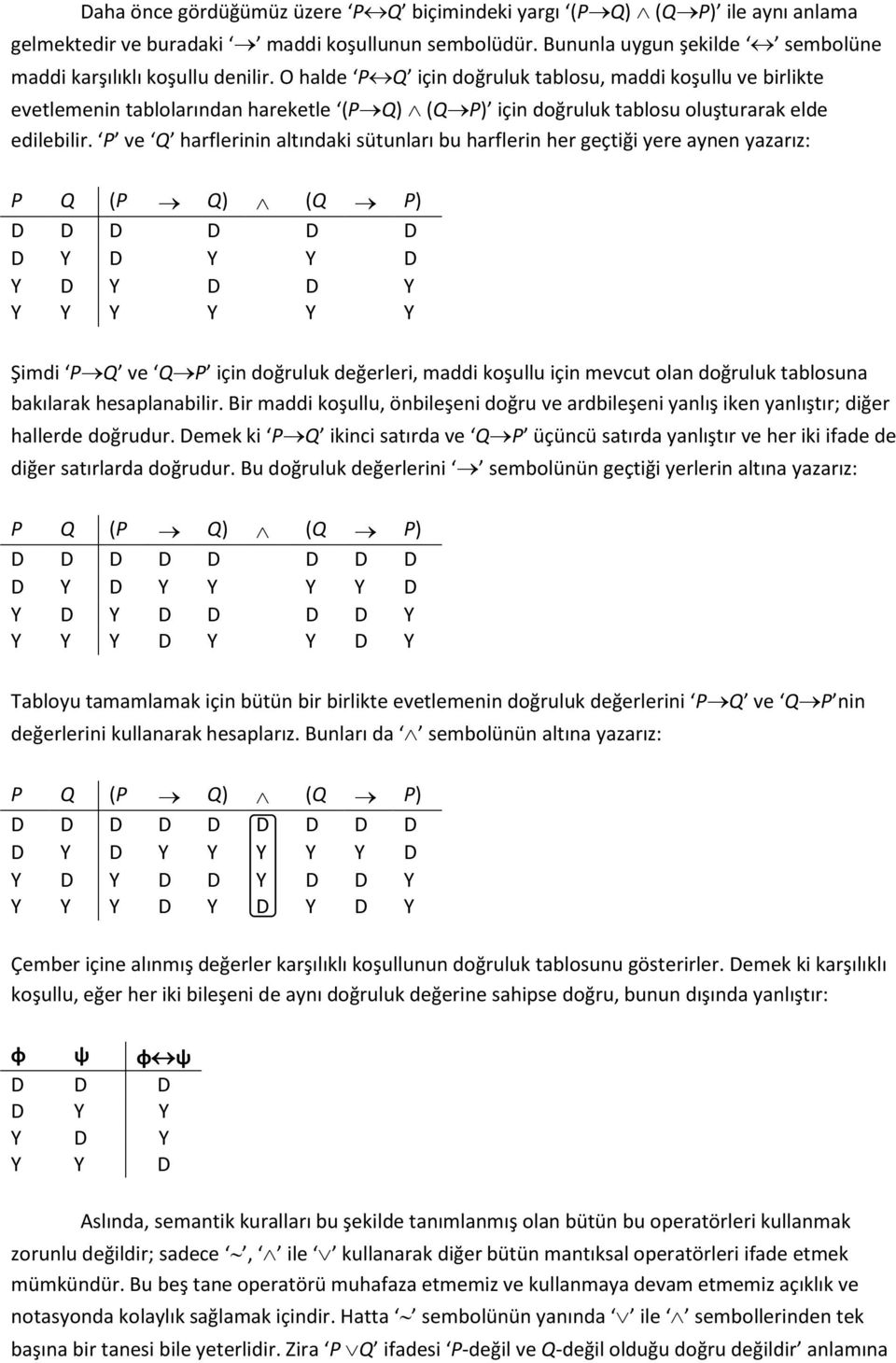 P ve Q harflerinin altındaki sütunları bu harflerin her geçtiği yere aynen yazarız: P Q (P Q) (Q P) D Y D Y Y D Y D Y D D Y Y Y Y Y Y Y Şimdi P Q ve Q P için doğruluk değerleri, maddi koşullu için