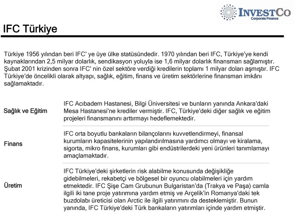 Şubat 2001 krizinden sonra IFC nin özel sektöre verdiği kredilerin toplamı 1 milyar doları aşmıştır.