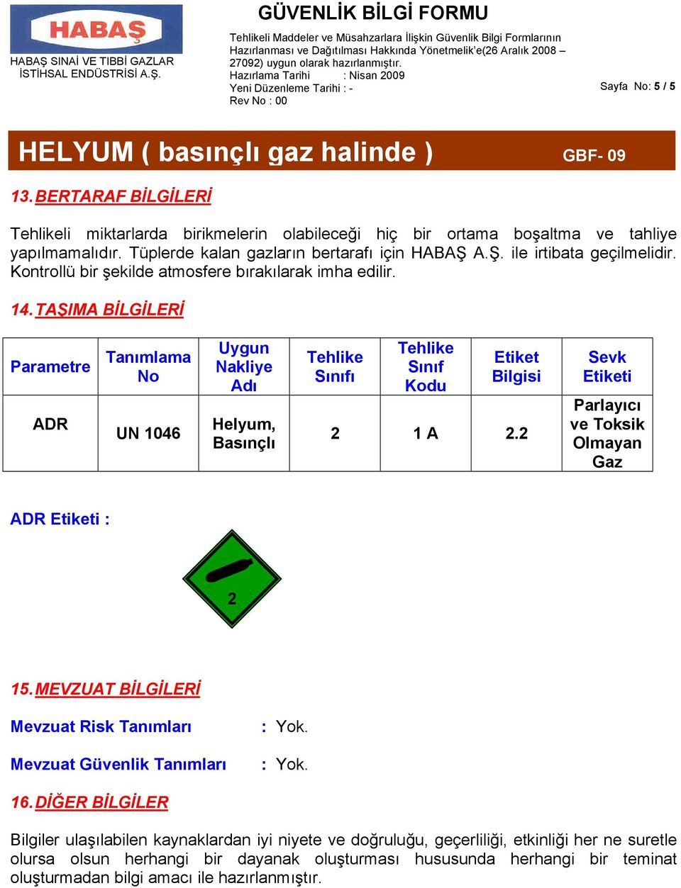 TAŞIMA BİLGİLERİ Parametre ADR Tanımlama No UN 1046 Uygun Nakliye Adı Helyum, Basınçlı Tehlike Sınıfı Tehlike Sınıf Kodu Etiket Bilgisi 2 1 A 2.