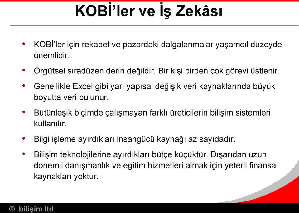 Bütünleşik biçimde çalışmayan farklı üreticilerin bilişim sistemleri kullanılır. Bilgi işleme ayırdıkları insangücü kaynağı az sayıdadır.