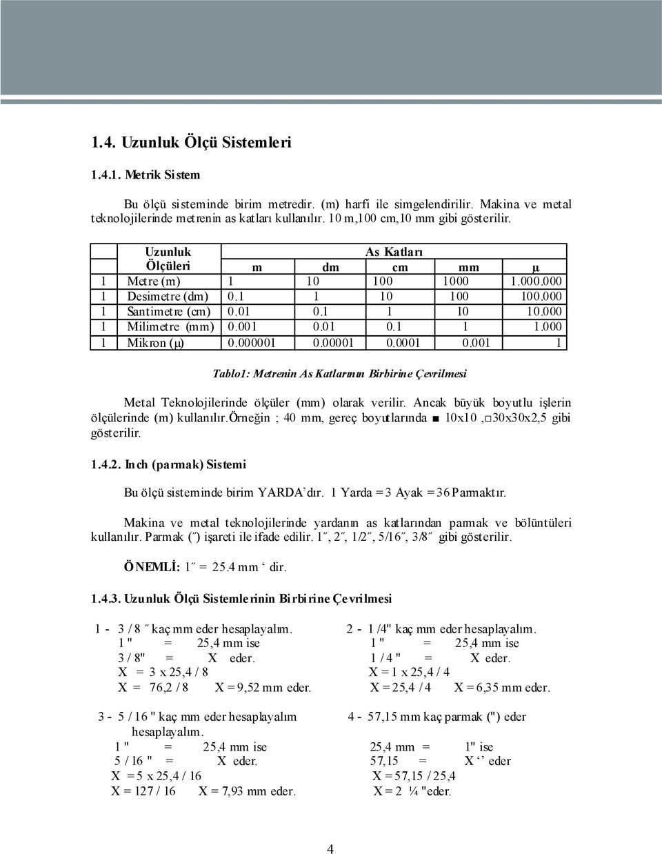 001 0.01 0.1 1 1.000 1 Mikron (µ) 0.000001 0.00001 0.0001 0.001 1 Tablo1: Metrenin As Katlarının Birbirine Çevrilmesi Metal Teknolojilerinde ölçüler (mm) olarak verilir.