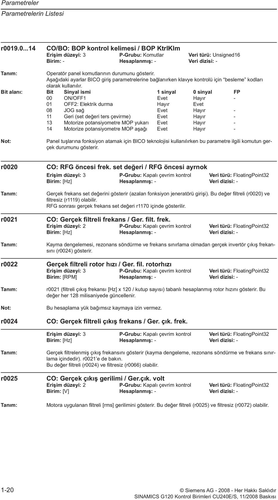 Bit alanı: Bit Sinyal ismi 1 sinyal 0 sinyal FP 00 ON/OFF1 Evet Hayır - 01 OFF2: Elektrik durma Hayır Evet 08 JOG sağ Evet Hayır - 11 Geri (set değeri ters çevirme) Evet Hayır - 13 Motorize