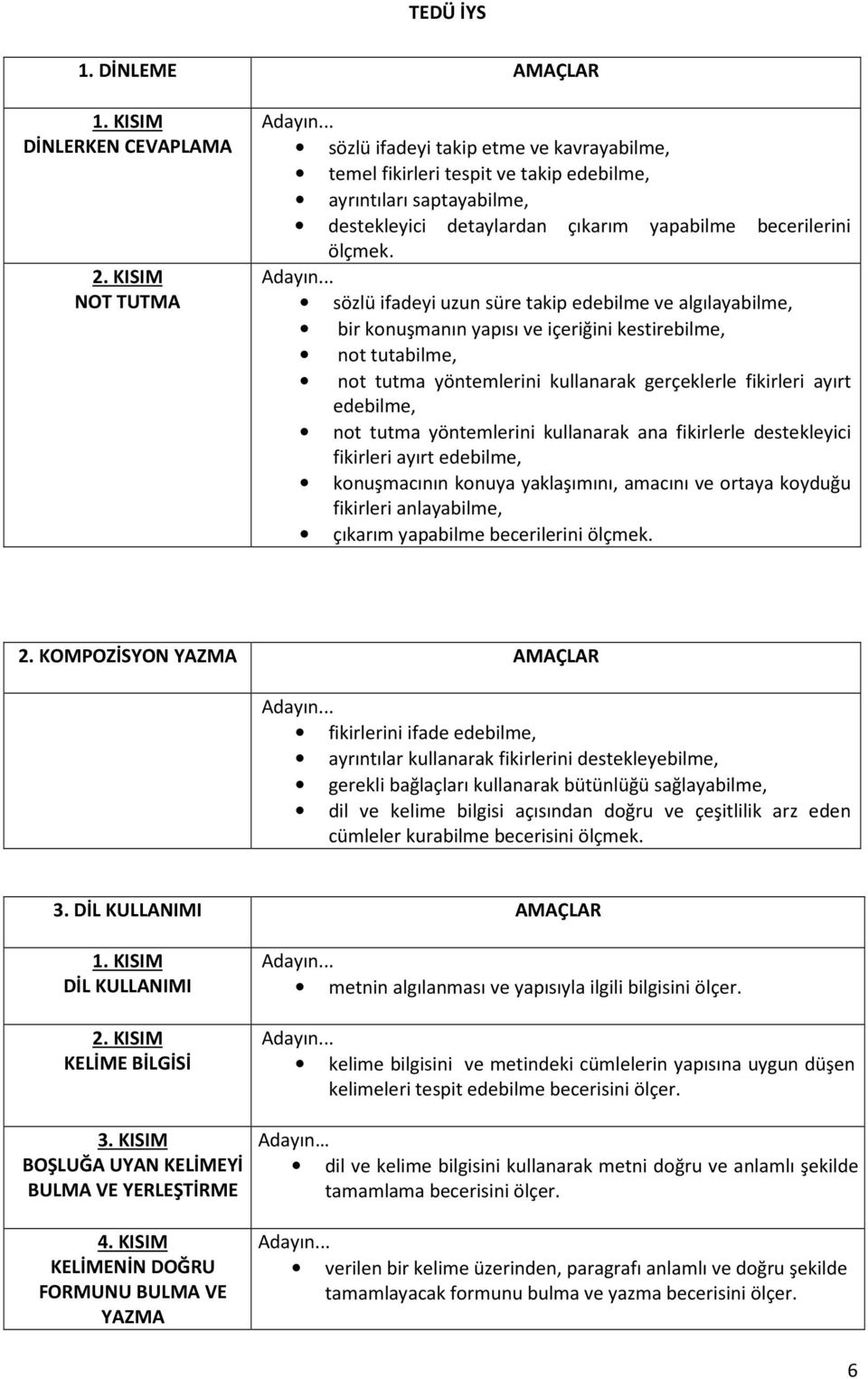 sözlü ifadeyi uzun süre takip edebilme ve algılayabilme, bir konuşmanın yapısı ve içeriğini kestirebilme, not tutabilme, not tutma yöntemlerini kullanarak gerçeklerle fikirleri ayırt edebilme, not