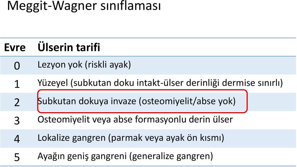 invaze (osteomiyelit/abse yok) 3 Osteomiyelit veya abse formasyonlu derin ülser 4