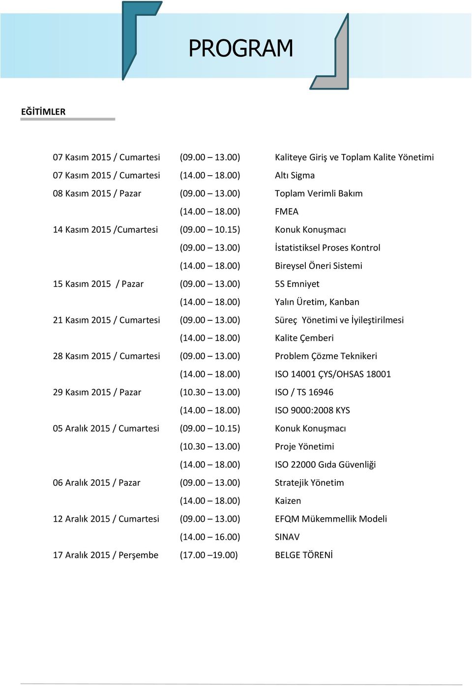 00 18.00) Yalın Üretim, Kanban 21 Kasım 2015 / Cumartesi (09.00 13.00) Süreç Yönetimi ve İyileştirilmesi (14.00 18.00) Kalite Çemberi 28 Kasım 2015 / Cumartesi (09.00 13.00) Problem Çözme Teknikeri (14.