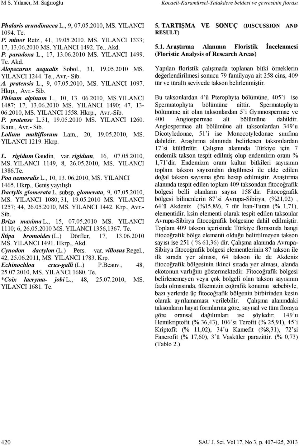 YILANCI 1097., Avr.- Sib. Phleum alpinum L., 10, 13. 06.2010, MS.YILANCI 1487; 17, 13.06.2010 MS. YILANCI 1490; 47, 13-06.2010, MS. YILANCI 1558., Avr.-Sib. P. pratense L.31, 19.05.2010 MS. YILANCI 1260.