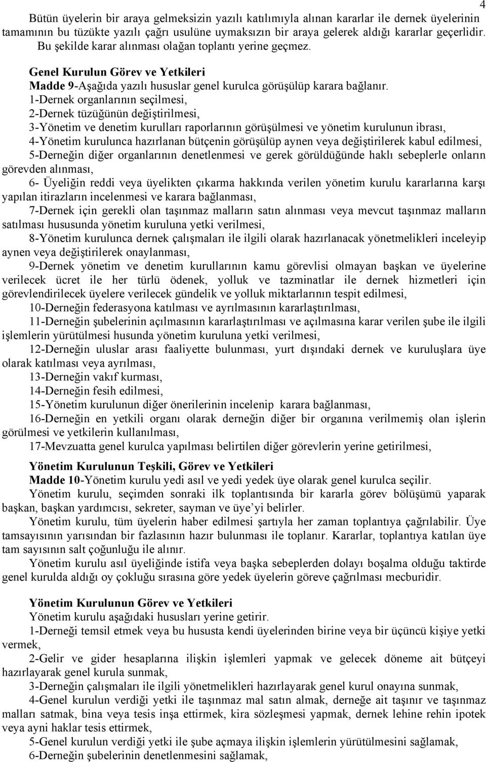 1-Dernek organlarının seçilmesi, 2-Dernek tüzüğünün değiştirilmesi, 3-Yönetim ve denetim kurulları raporlarının görüşülmesi ve yönetim kurulunun ibrası, 4-Yönetim kurulunca hazırlanan bütçenin